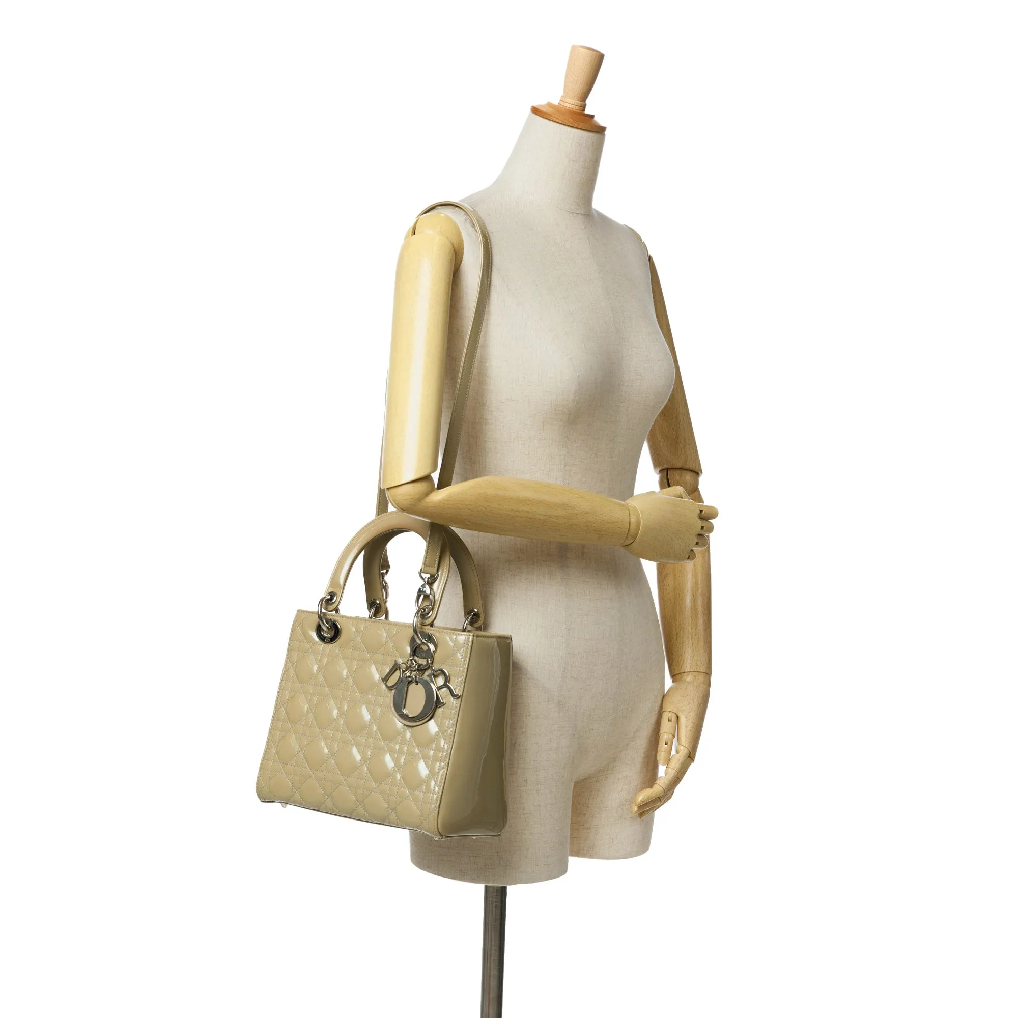 Beige Dior Medium Patent Cannage Lady Dior Satchel