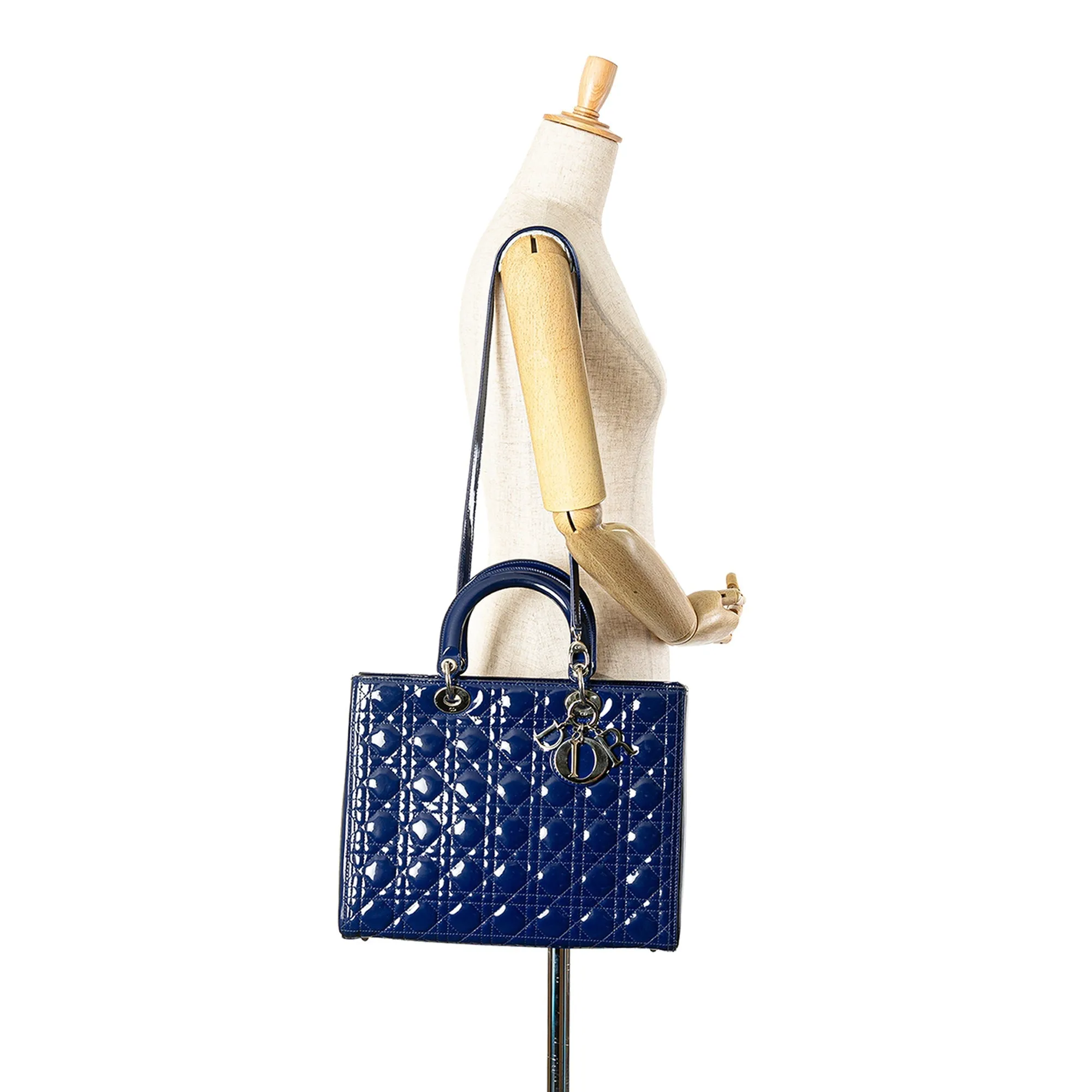 Blue Dior Large Patent Cannage Lady Dior Satchel