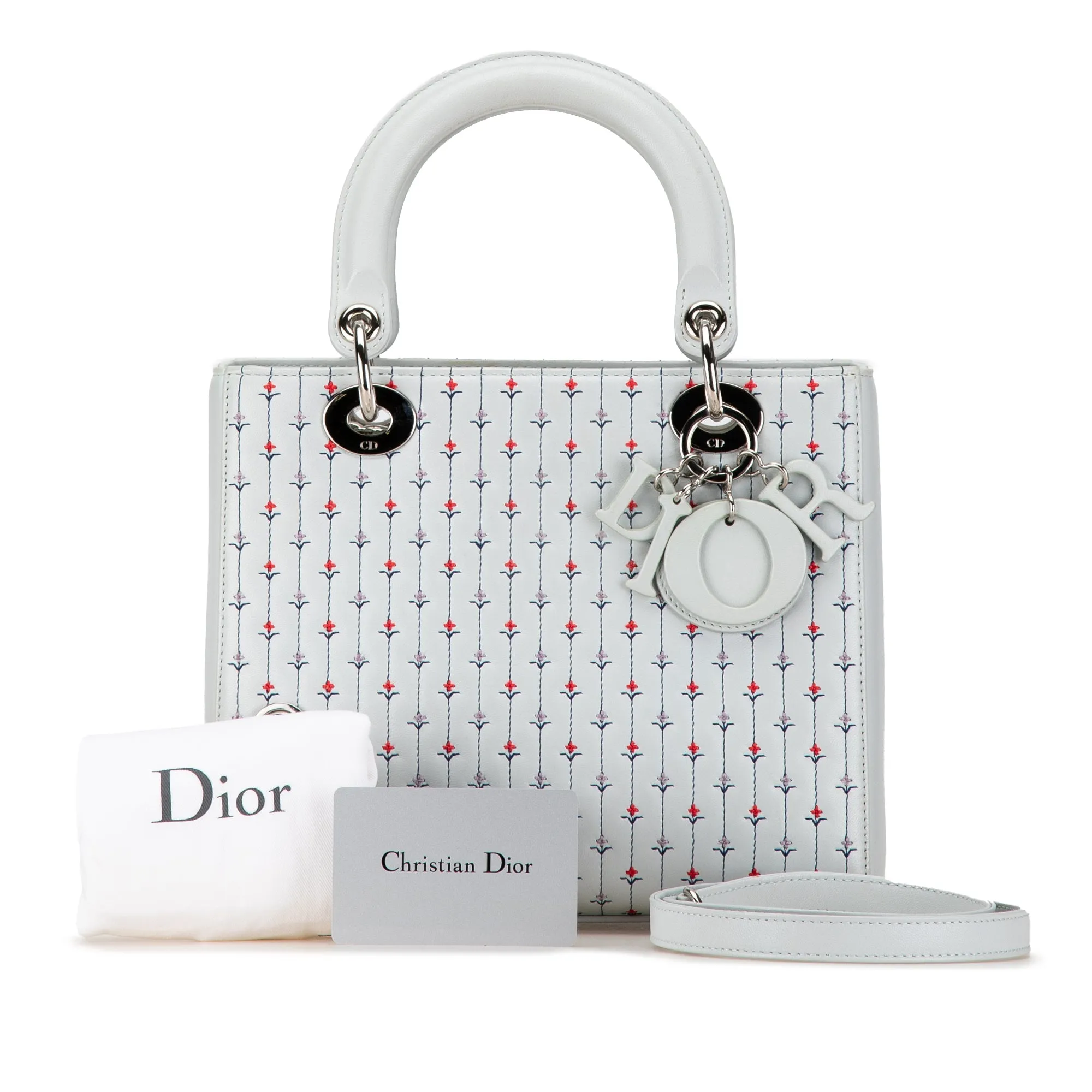 Blue Dior Medium Calfskin Embroidered Flower Lady Dior Satchel