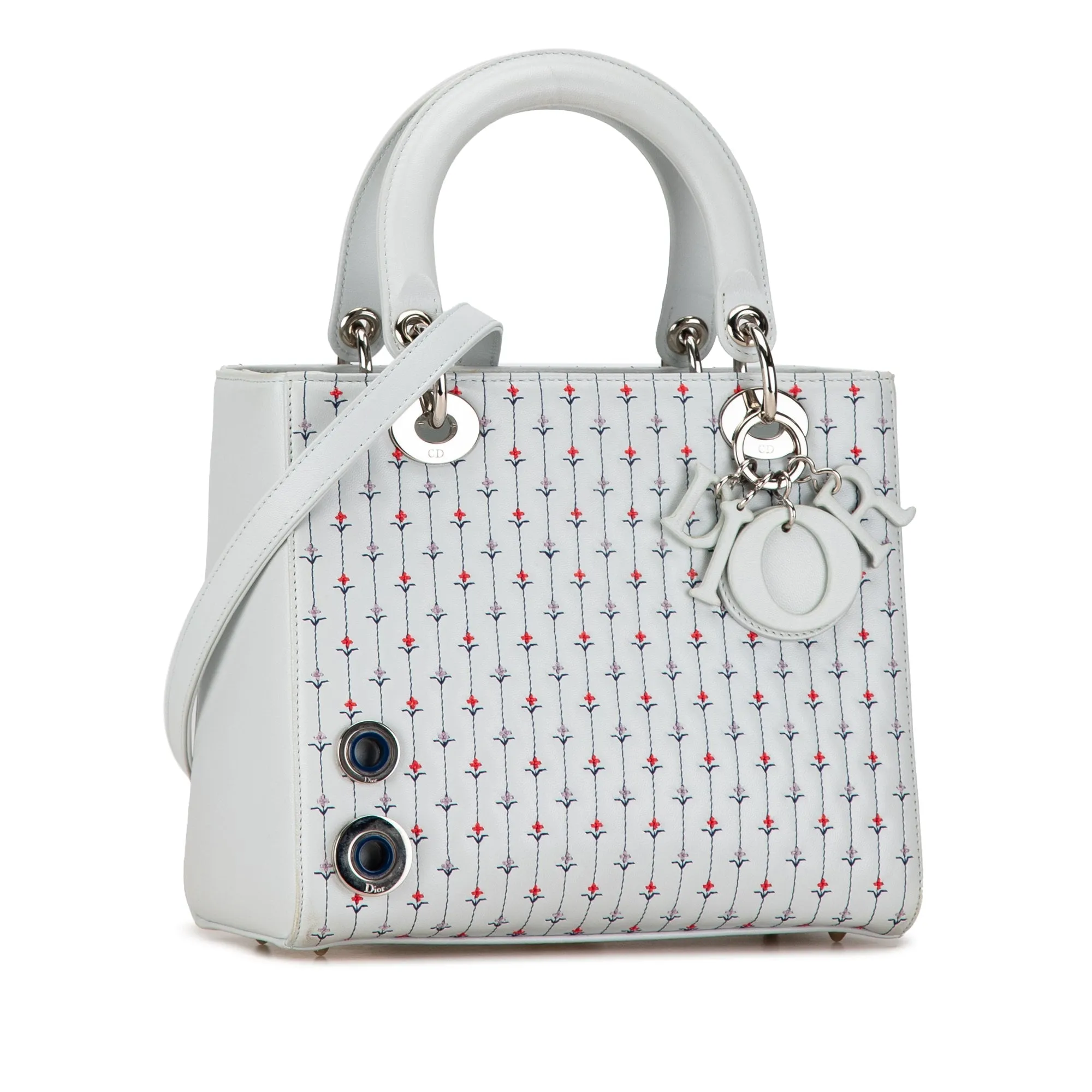 Blue Dior Medium Calfskin Embroidered Flower Lady Dior Satchel
