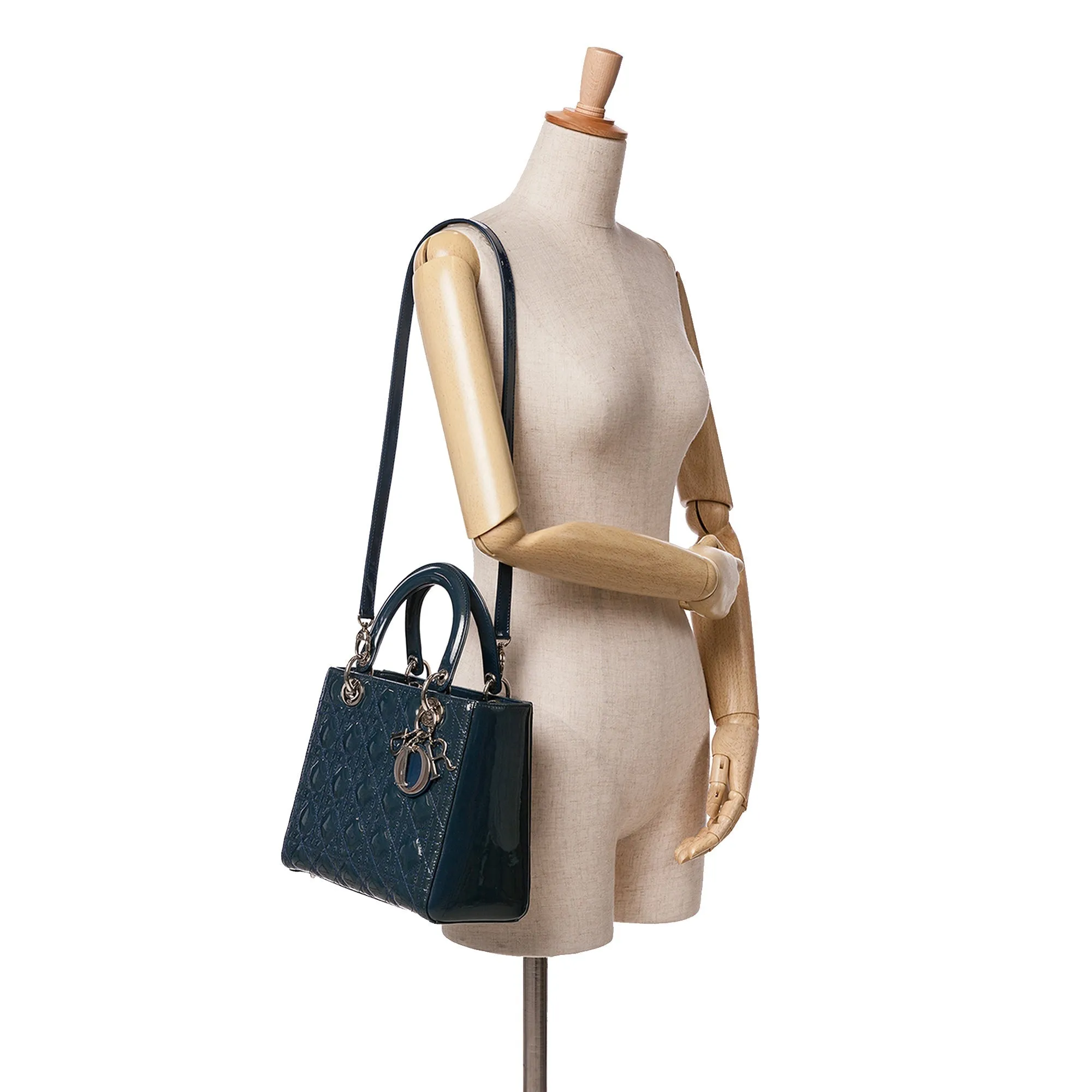 Blue Dior Medium Patent Cannage Lady Dior Satchel