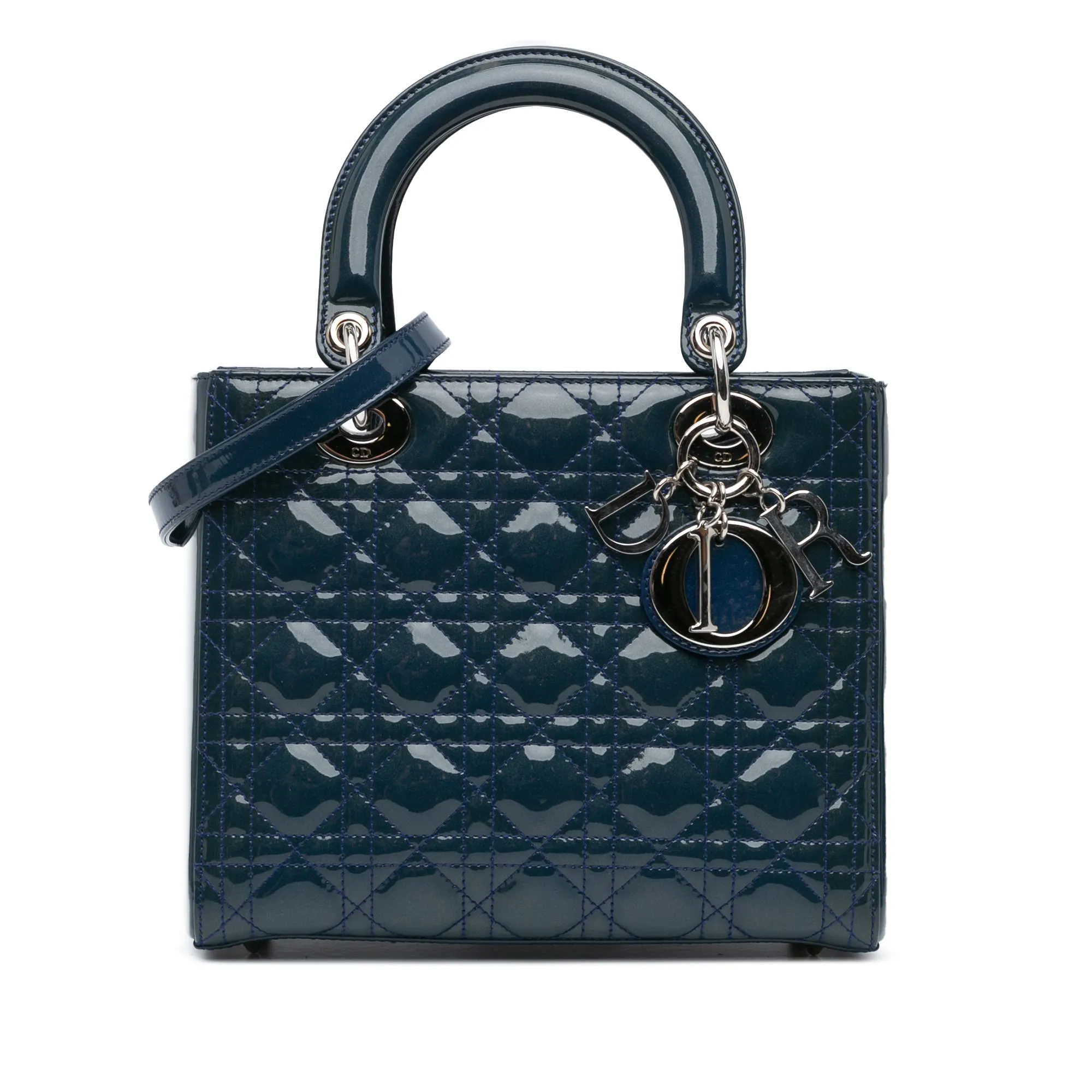 Blue Dior Medium Patent Cannage Lady Dior Satchel