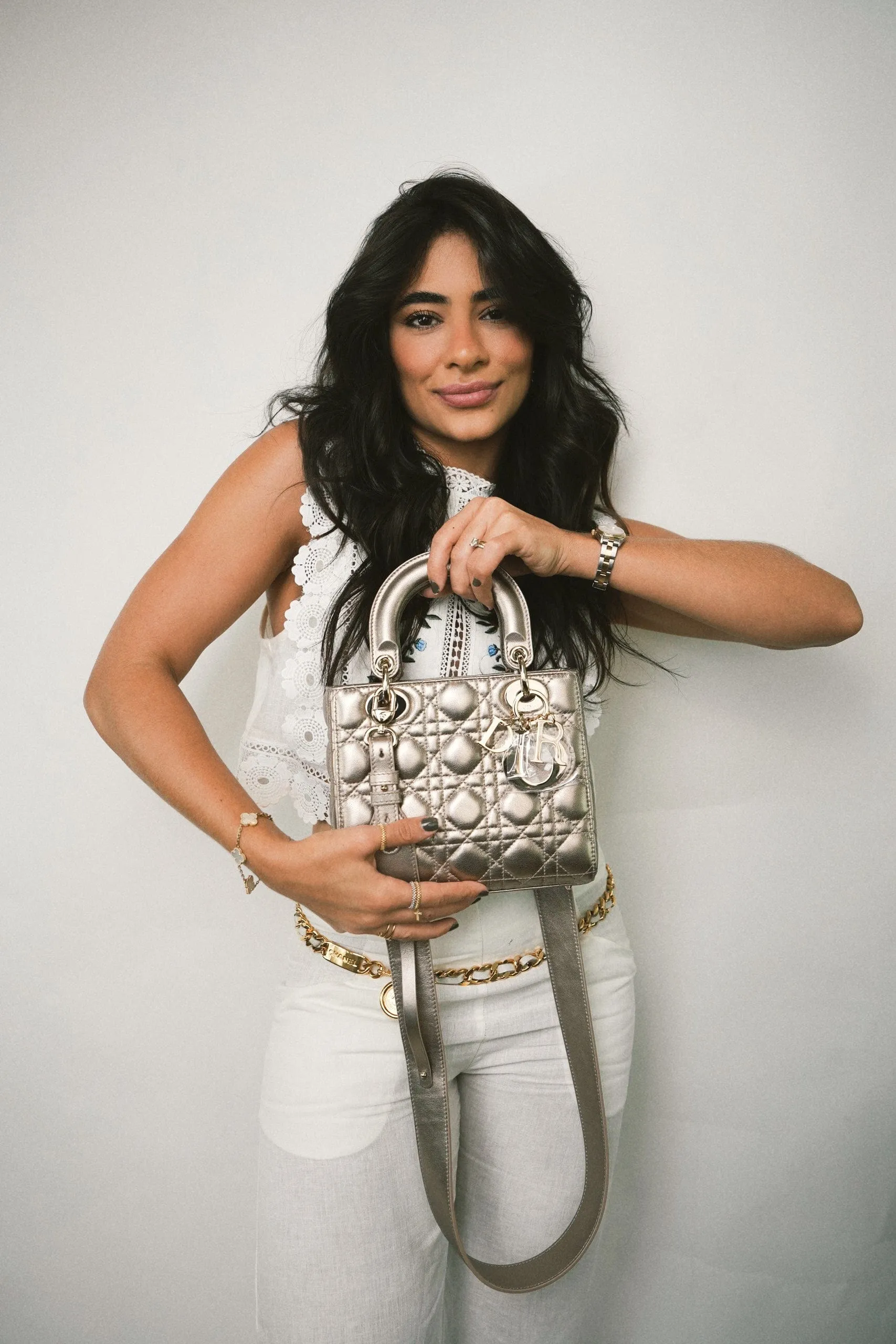 Champagne Metallic Lady Dior Calfskin Medium