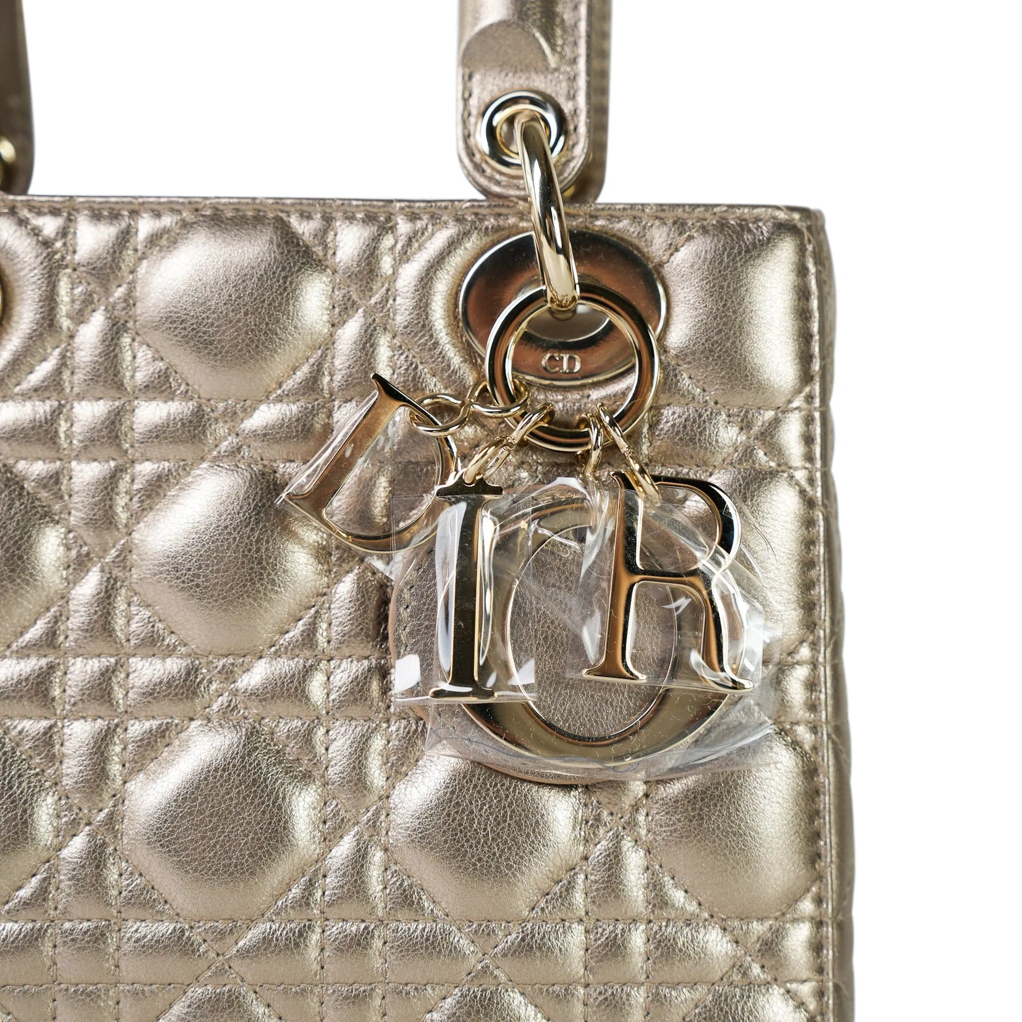 Champagne Metallic Lady Dior Calfskin Medium
