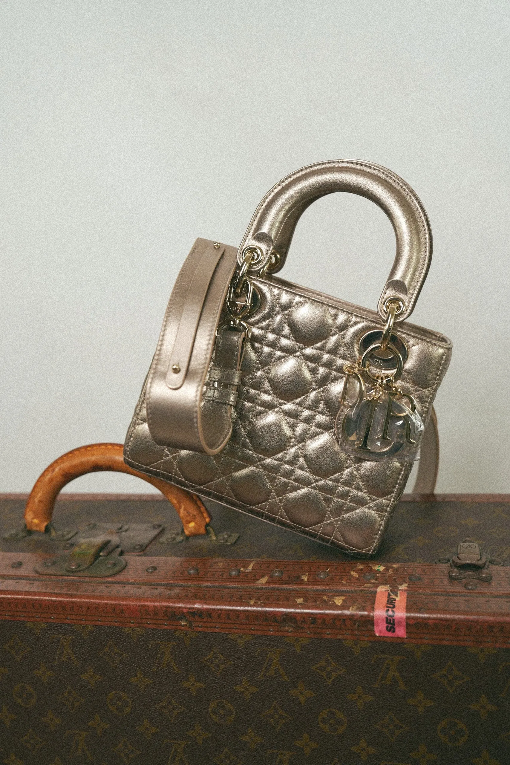 Champagne Metallic Lady Dior Calfskin Medium