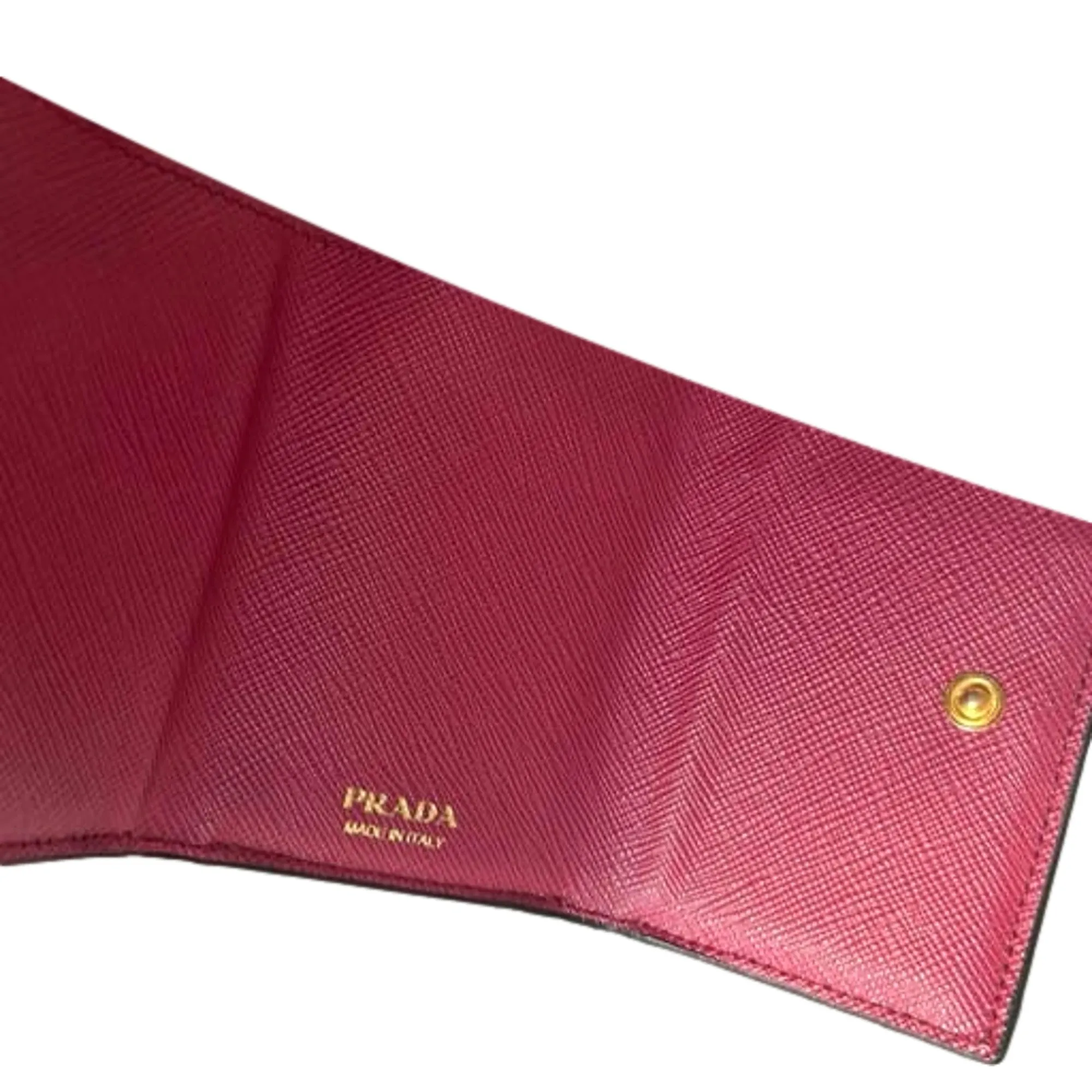 Prada Saffiano Metal Tri-Fold Envelope Card Holder Wallet Nero Black and Pink