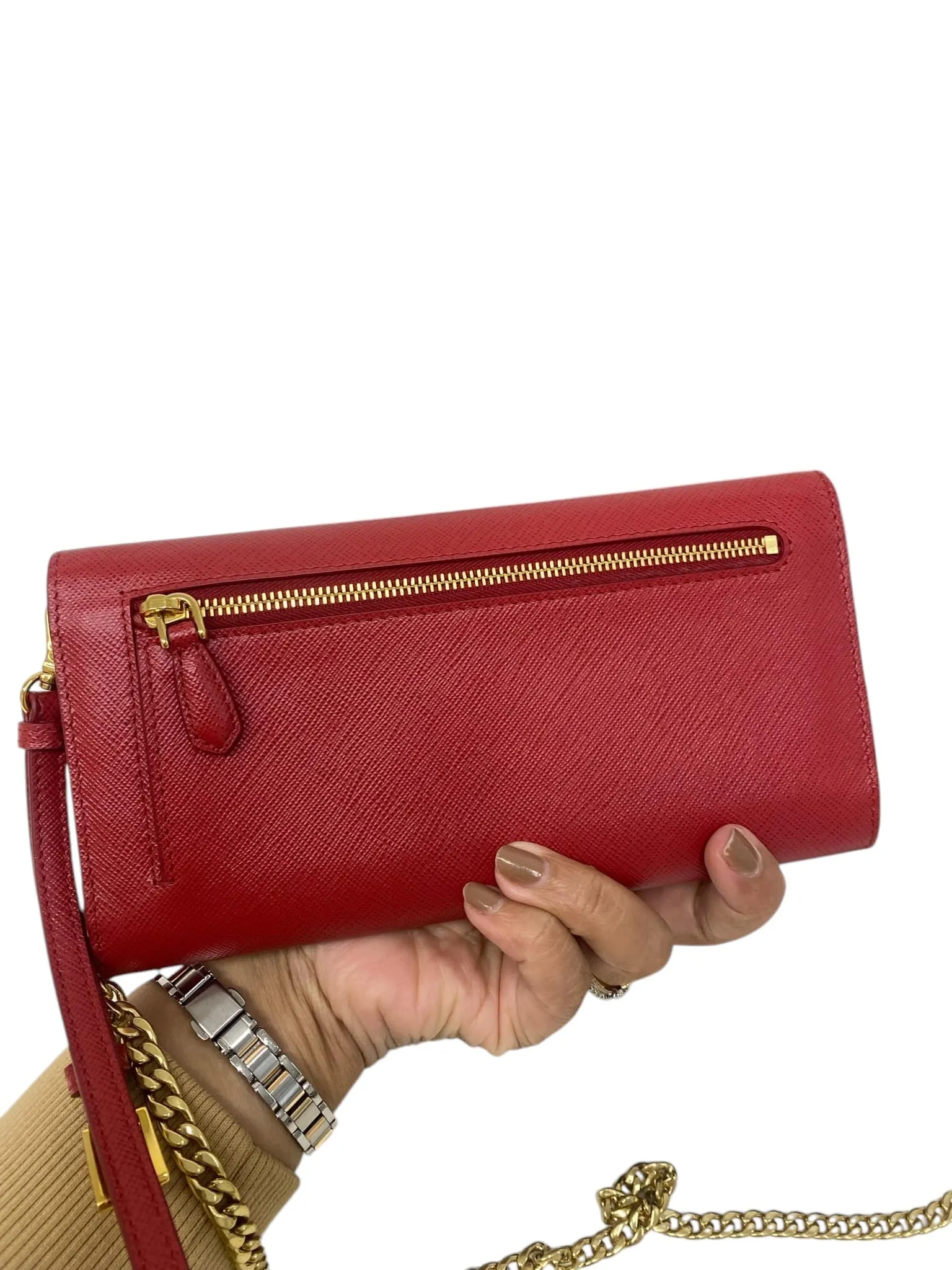 Red Saffiano Leather Envelope Wallet On Chain