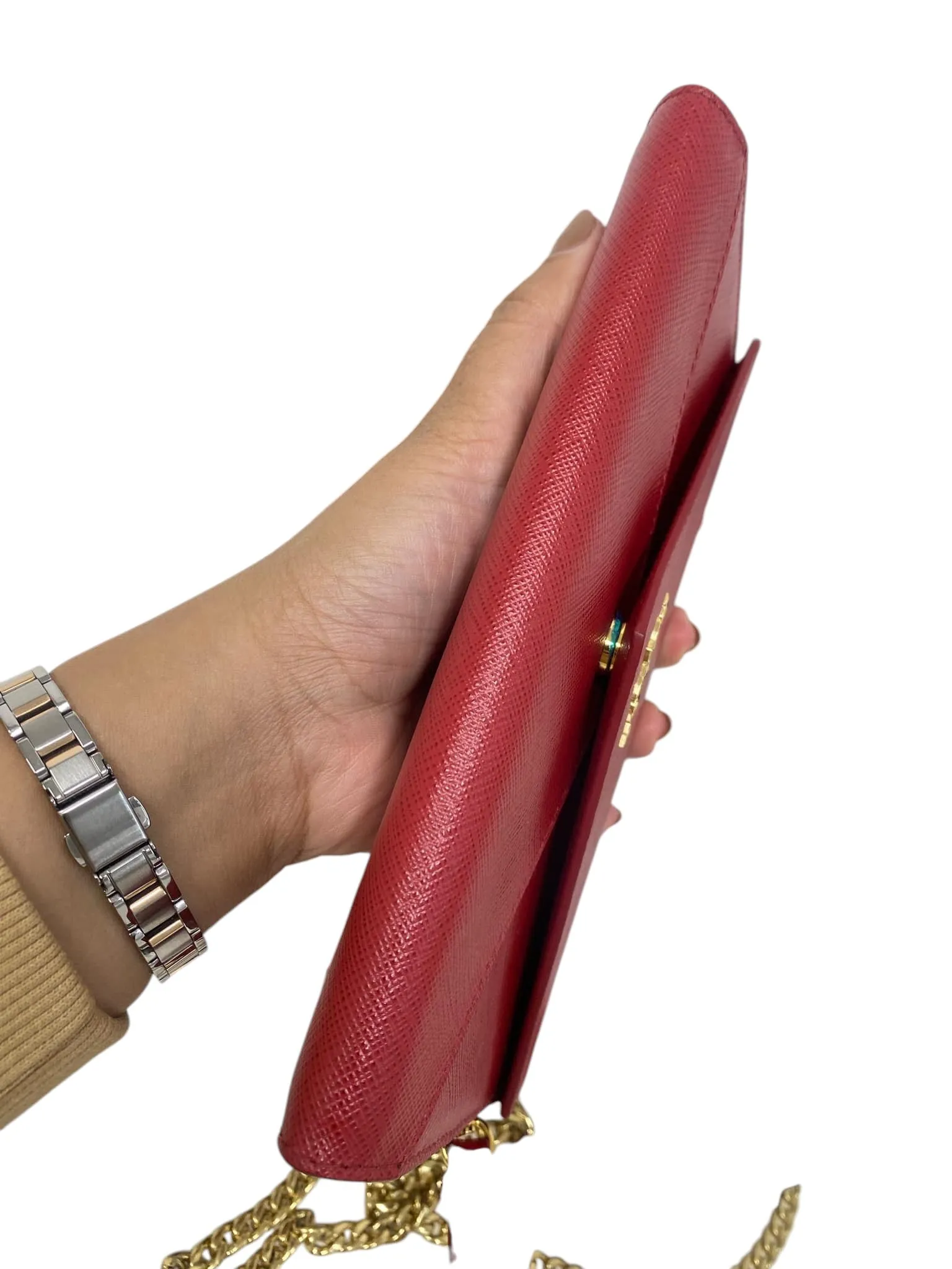 Red Saffiano Leather Envelope Wallet On Chain