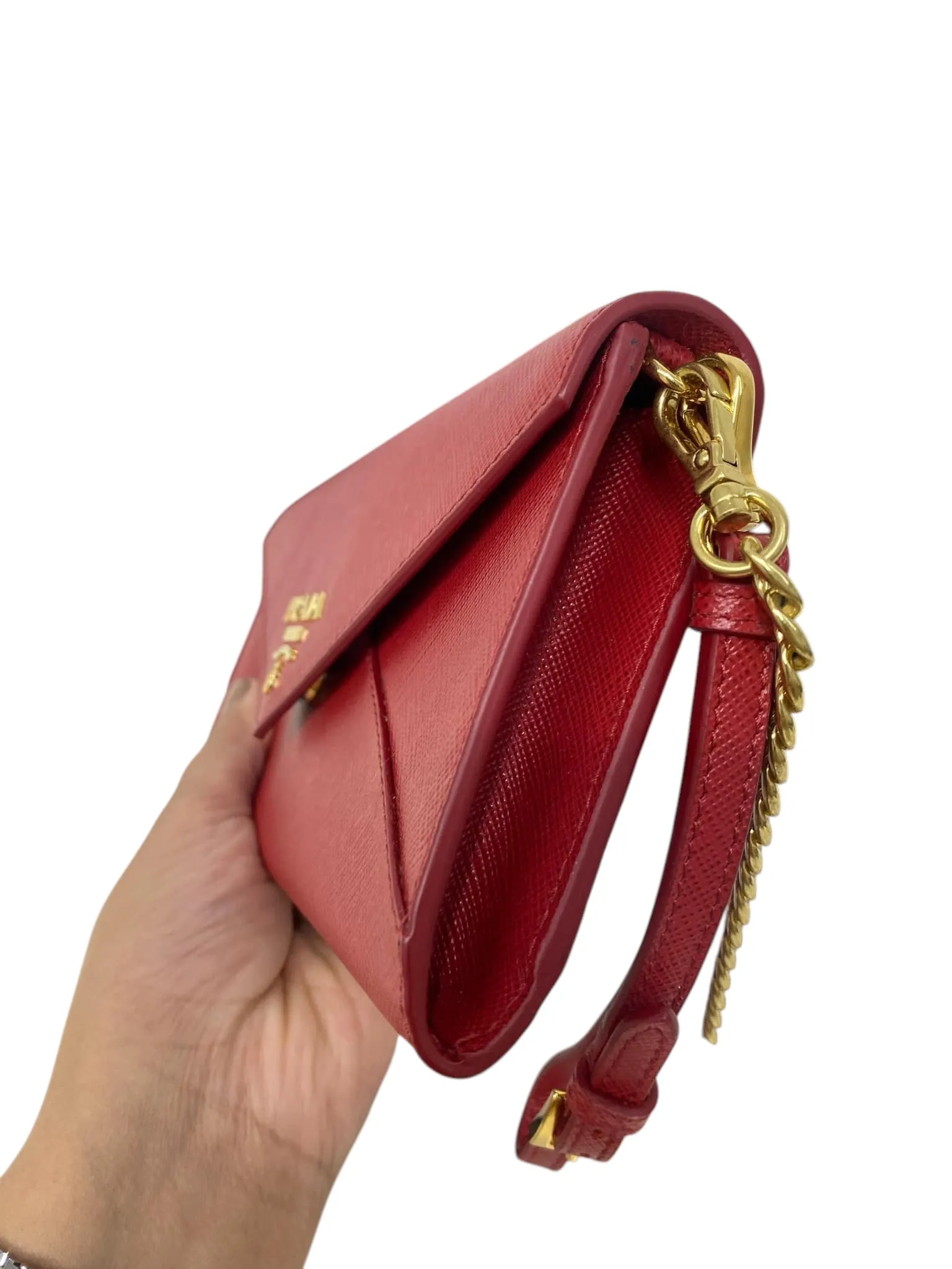 Red Saffiano Leather Envelope Wallet On Chain