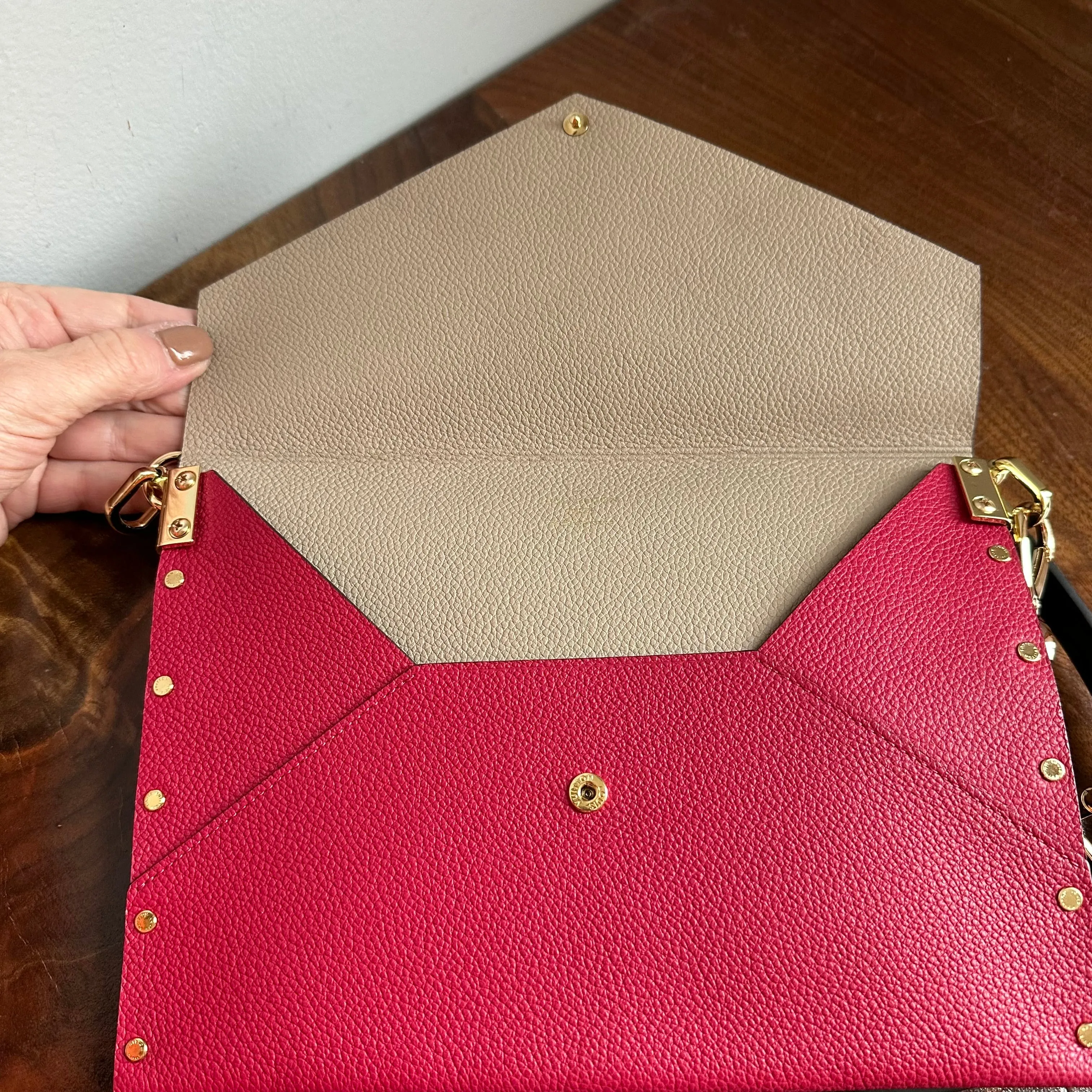 The Pelican Crossbody - Upcycled Louis Vuitton Envelope Rivet in Red